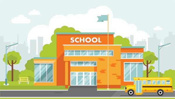 Illustration of school building with bus in front.