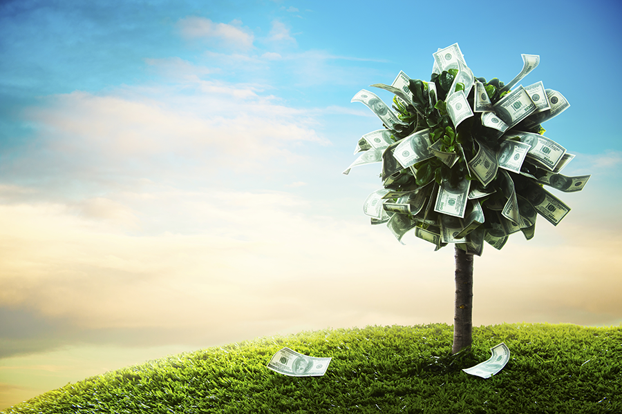 Illustration of tree made of money planted on a grassy hill.