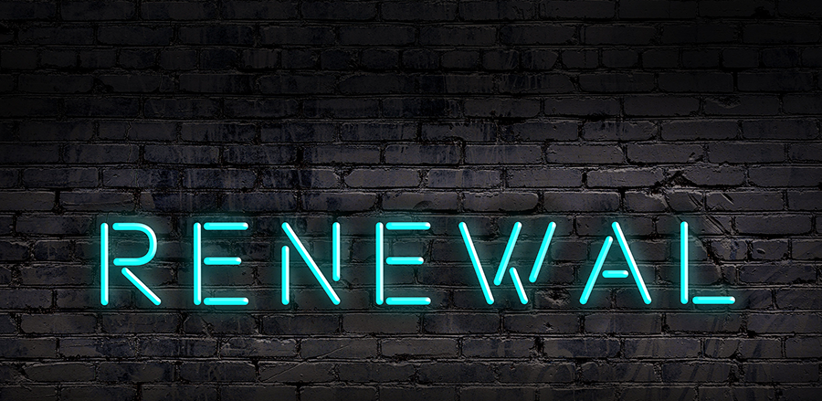 Neon sign saying renewal on black brick wall.