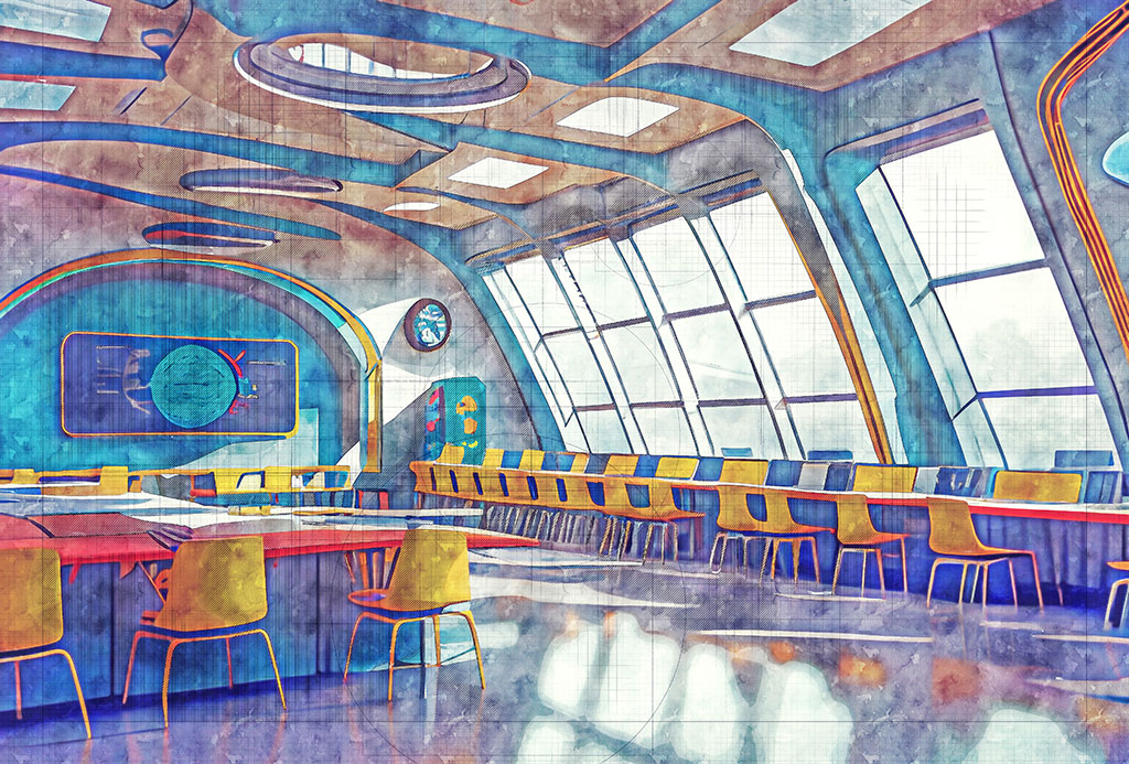 Illustration of a futuristic school room.