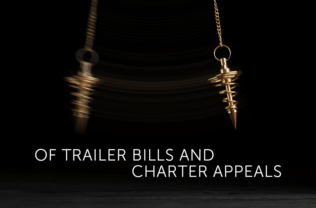 Gold pendulum swinging on black background. "Of Trailer Bills and Charter Appeals"