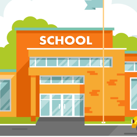 Illustration of an orange school building with large windows and a sign reading "School." A yellow school bus is parked in front, adhering to legal requirements, while trees line the sidewalk, creating a perfect setting for independent study opportunities.