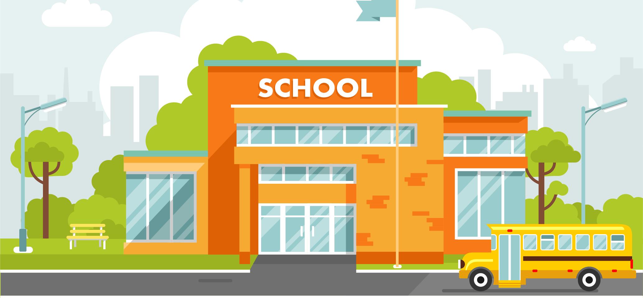 Illustration of an orange school building with large windows and a sign reading "School." A yellow school bus is parked in front, adhering to legal requirements, while trees line the sidewalk, creating a perfect setting for independent study opportunities.