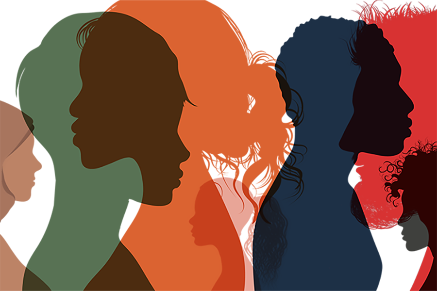 Illustration of different peoples profiles in mixed colors.