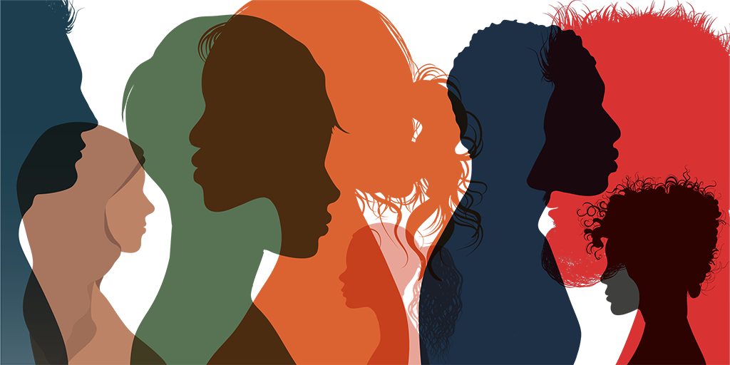 Illustration of peoples profiles in various colors.