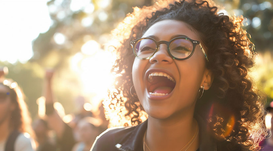 African American young woman student with glasses and curly hair yelling at a rally.