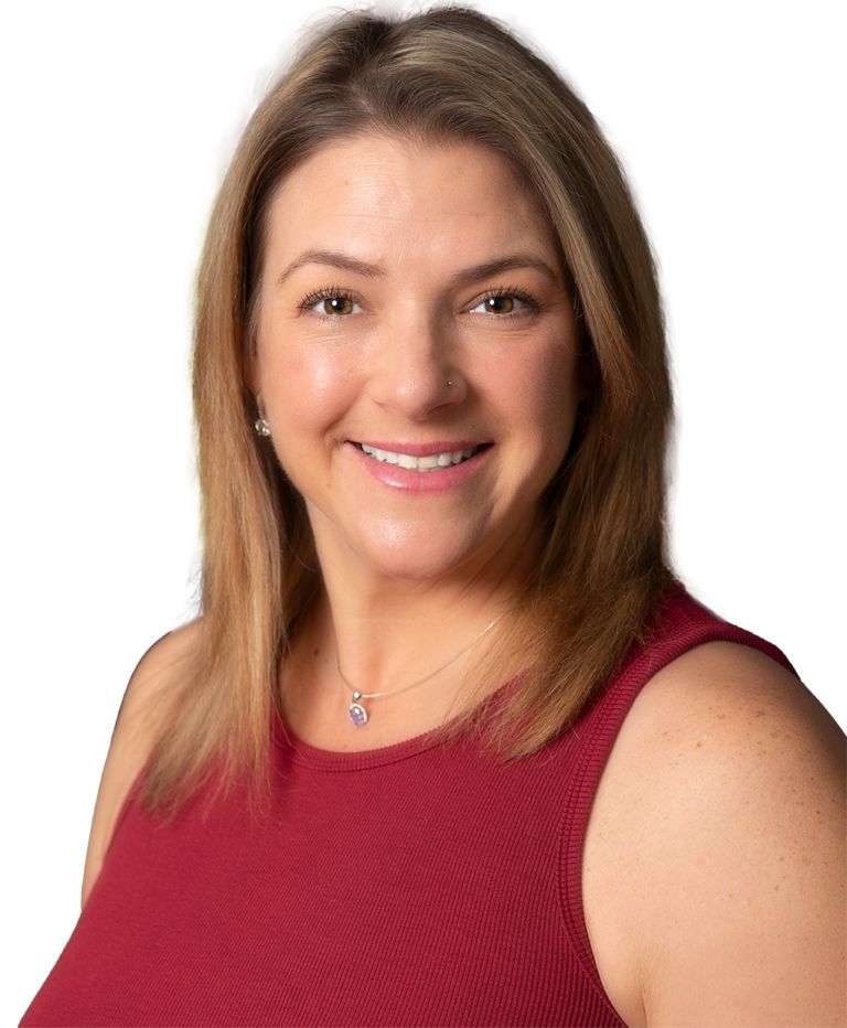 Bethany Hooks-Ponder, with shoulder-length hair, smiles warmly in a sleeveless red top. The background showcases blurred, colorful artwork.