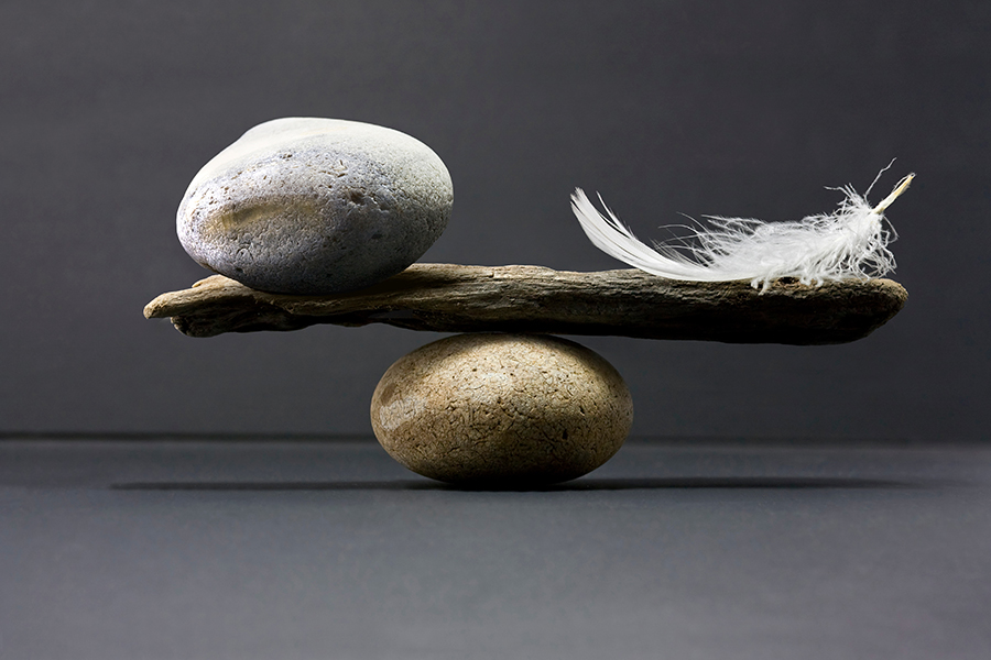 Two stones and a feather balance on a piece of wood, symbolizing the delicate equilibrium often sought in education law.