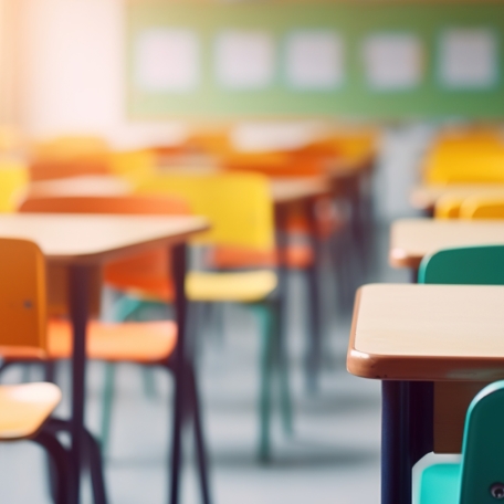 A brightly lit classroom with rows of empty desks and colorful chairs facing a chalkboard at the front, ready for lessons on topics like the Public Records Act.