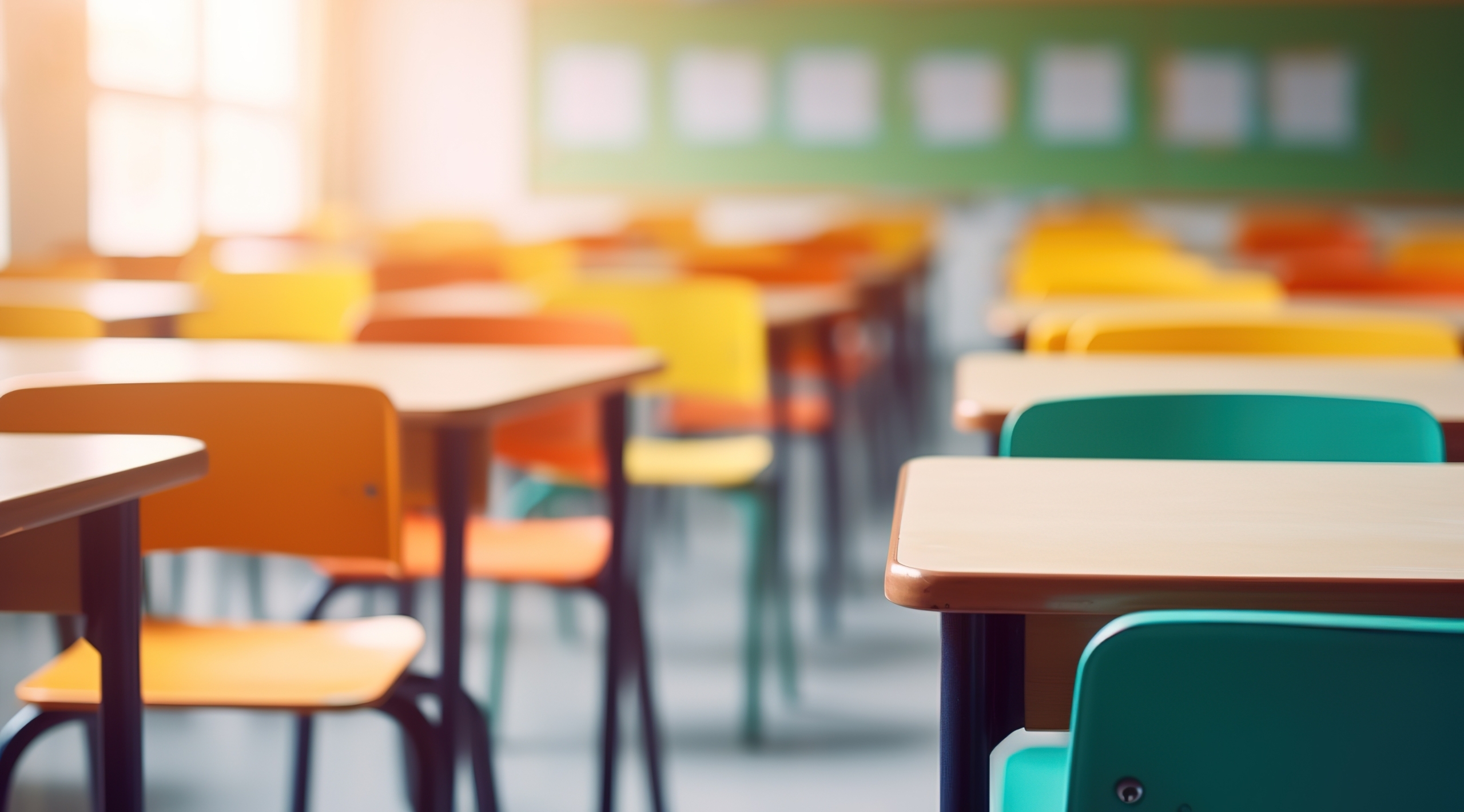A brightly lit classroom with rows of empty desks and colorful chairs facing a chalkboard at the front, ready for lessons on topics like the Public Records Act.