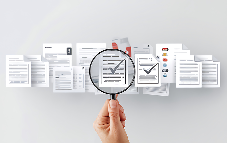 A hand holds a magnifying glass over a document with a checkmark, in front of several overlapping documents, symbolizing thorough document review and approval—ideal for illustrating topics like emoji usage in official documents.