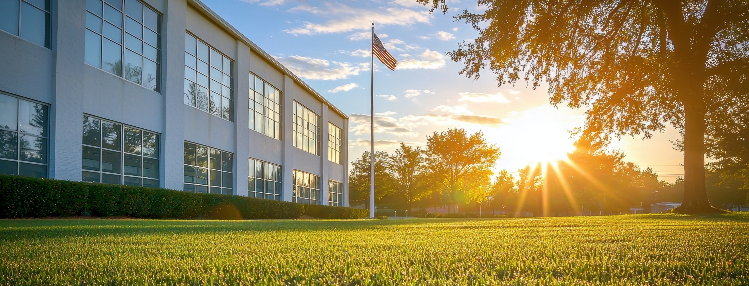 Sunrise over a well-manicured lawn beside a building with large windows and an American flag, symbolizing fresh beginnings and charter renewal, with trees in the background.