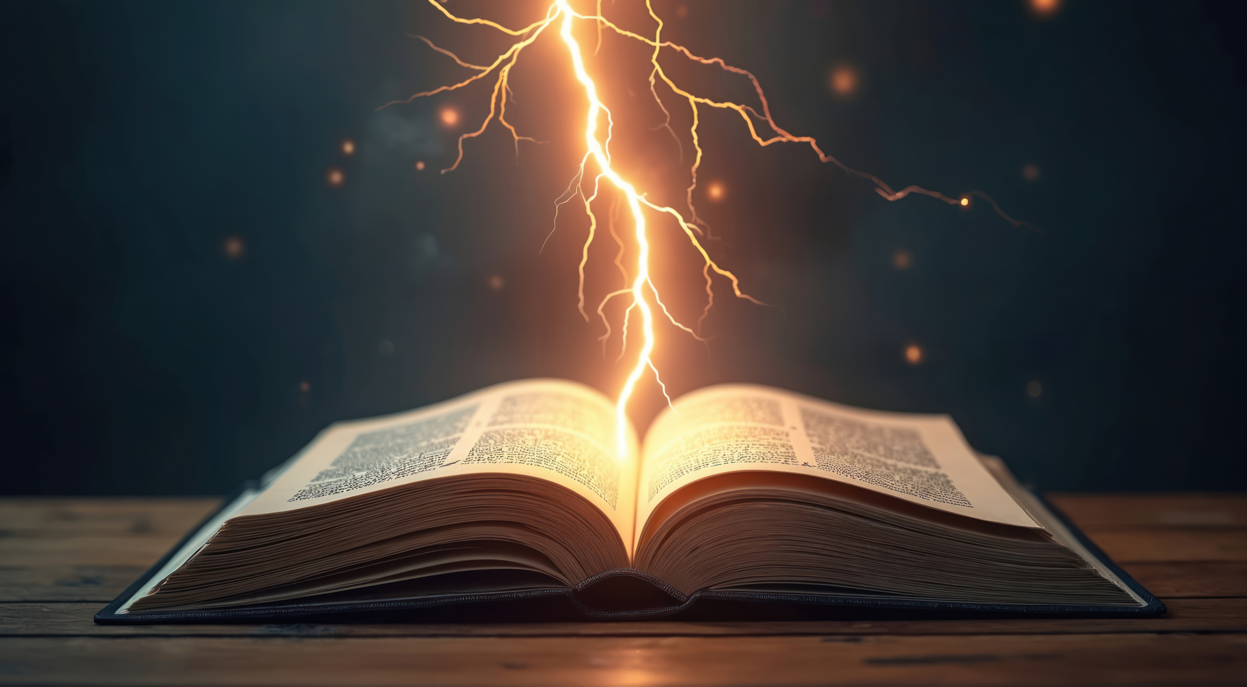A bolt of lightning strikes an open book on a wooden table, illuminating its pages like a sudden charter renewal against a dark background.